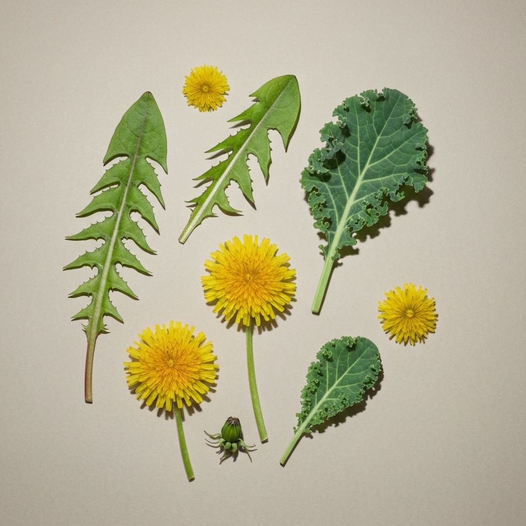Löwenzahnblätter und Grünkohl